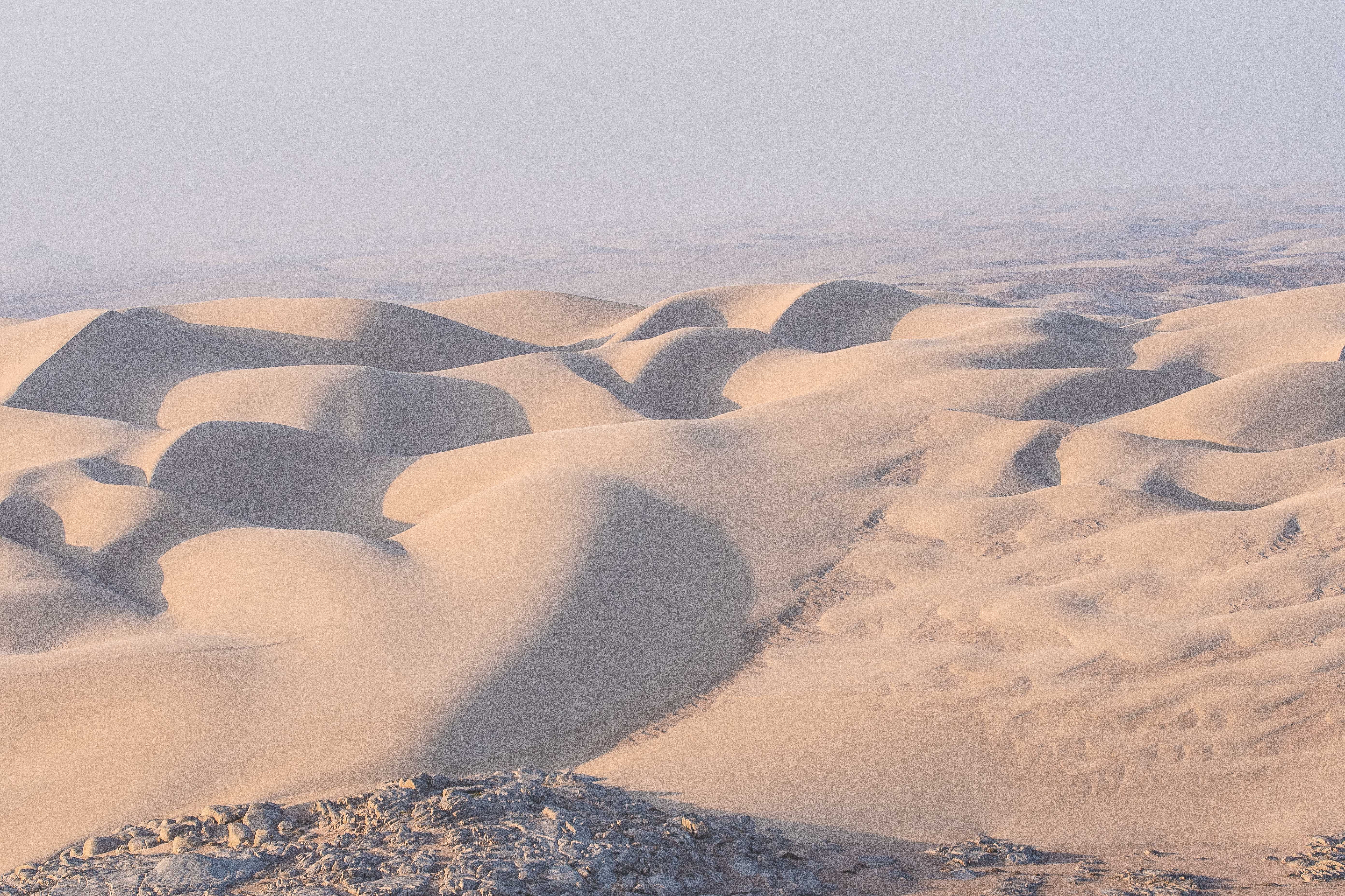 Une partie de la mer de dunes s'étendant à l'arrière du Shipweck Lodge, Parc National de la Côte des Squelettes, Namibie.